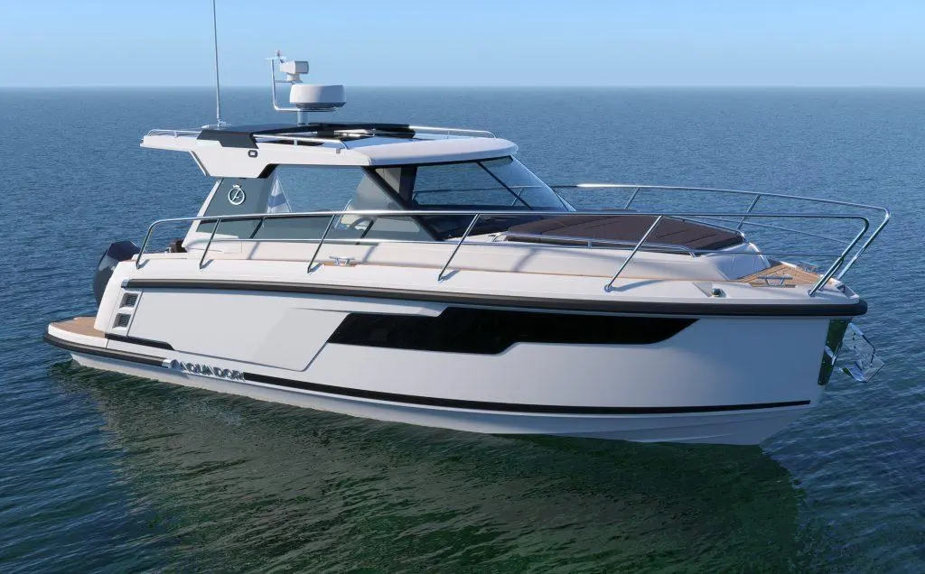 A modern motorboat with a sleek design, docked on calm waters under a clear sky, showcasing a spacious deck and navigation equipment.